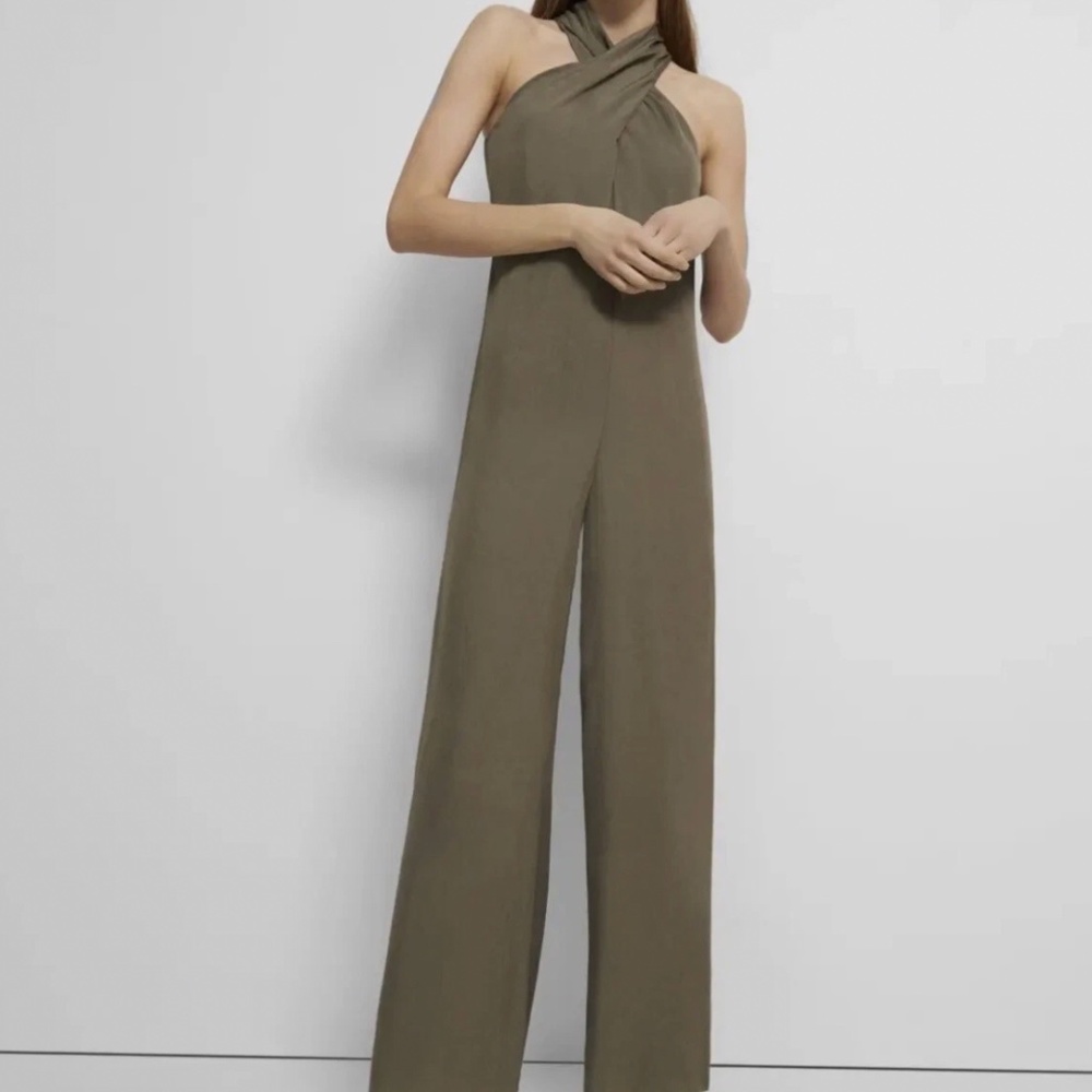 Theory Sleeveless Halter Jumpsuit in Washed Twill